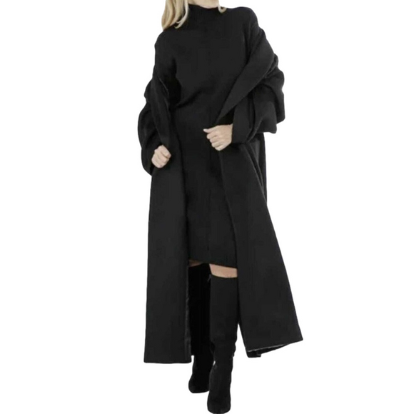 New Brian Bailey Black Wool Blend Oversized Long Wrap Jacket Coat Size Medium 4E - Picture 2 of 10